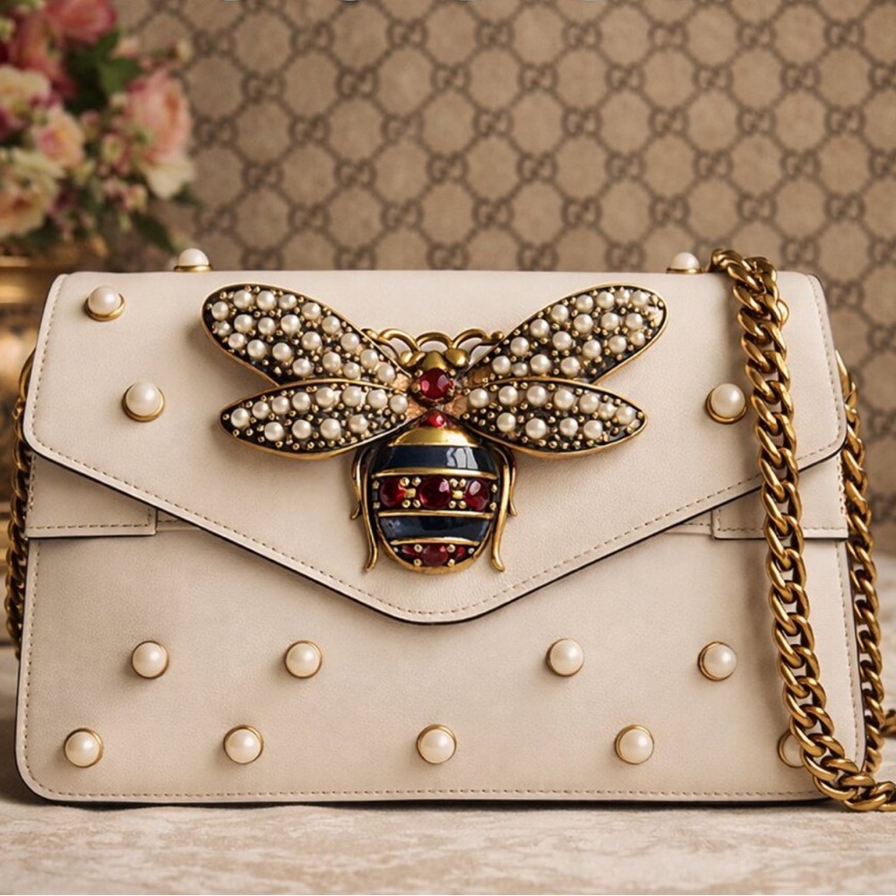 Gucci Broadway Pearly Bee Shoulder Bag Two Way Strap 🤍 💛